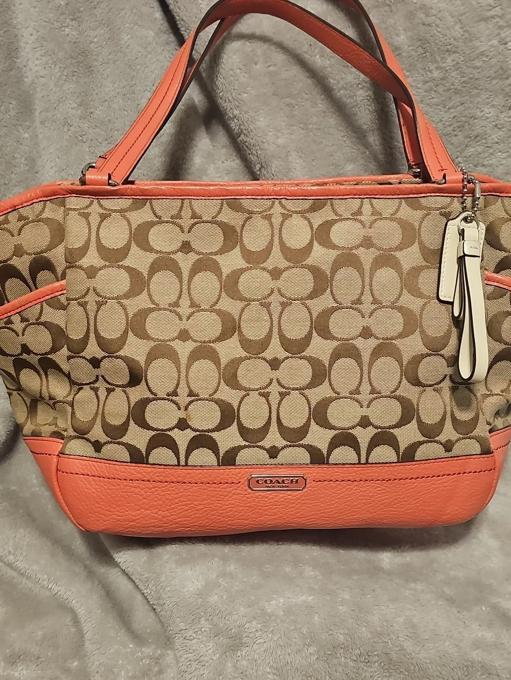 COACH Carrie Signature Canvas Tote with Coral Trim